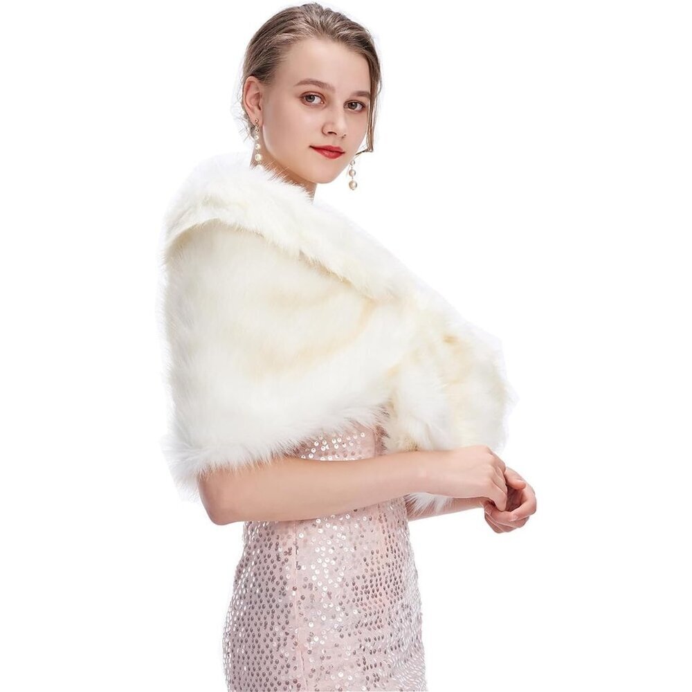 Women's Faux Fur Shawl Wrap Cape for Bridal Wedding Formal Events Blue - Picture 3 of 4